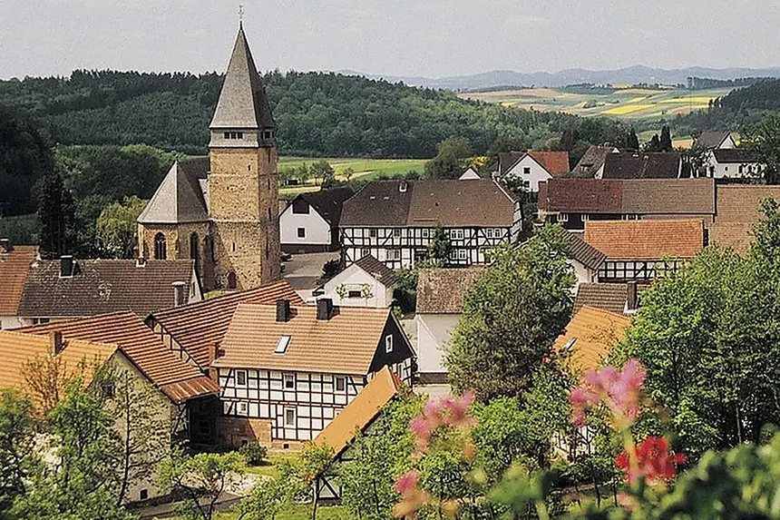 Blick über Wiesenfeld mit Fachwerkhäusern und der Kirche