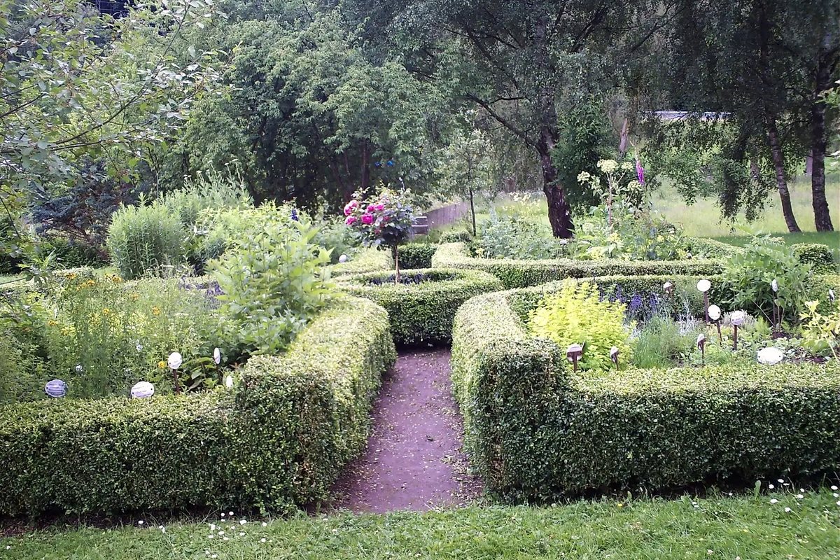 Der Kräutergarten Wiesenfeld mit niedrigen Buchsbaumhecken um vier Beete