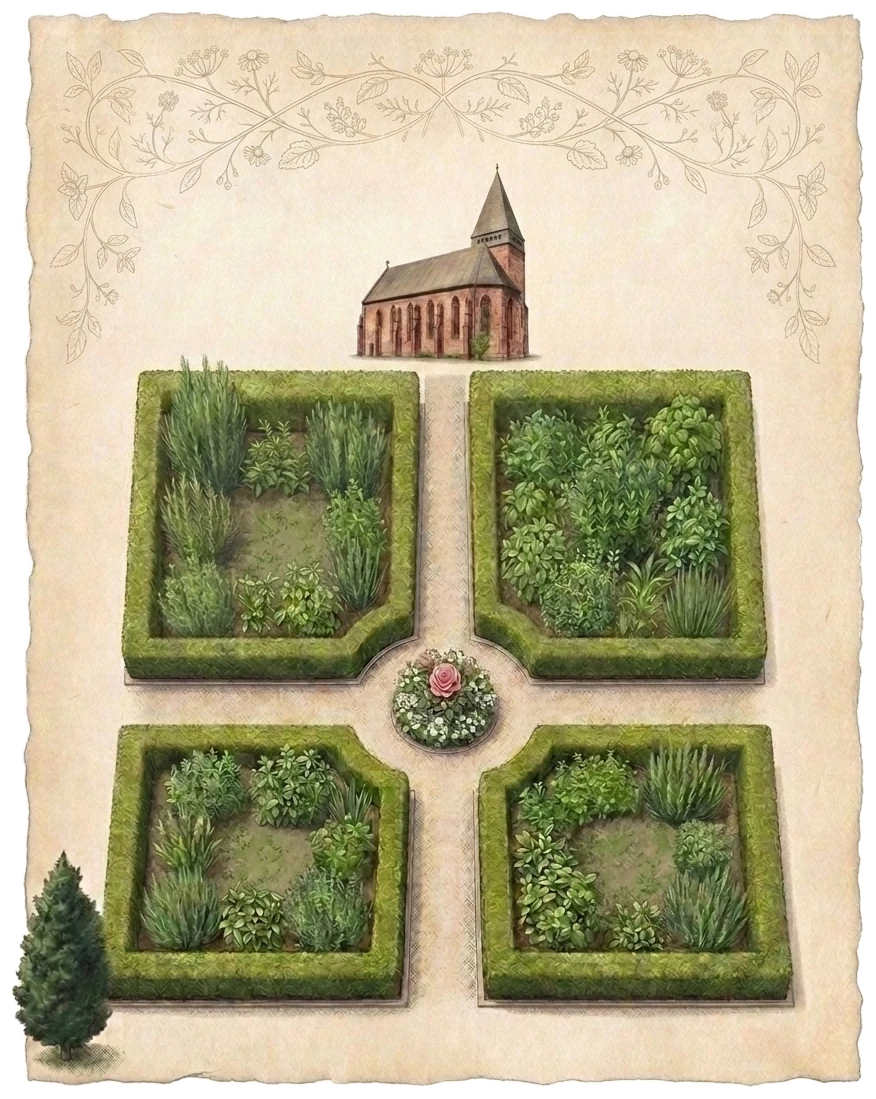 Der Lageplan des Kräutergartens Wiesenfeld mit vier Beeten rund um einen Rosenstock